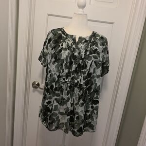 Coldwater Creek Green Leaf-Print Short Sleeve Blouse Suze XL